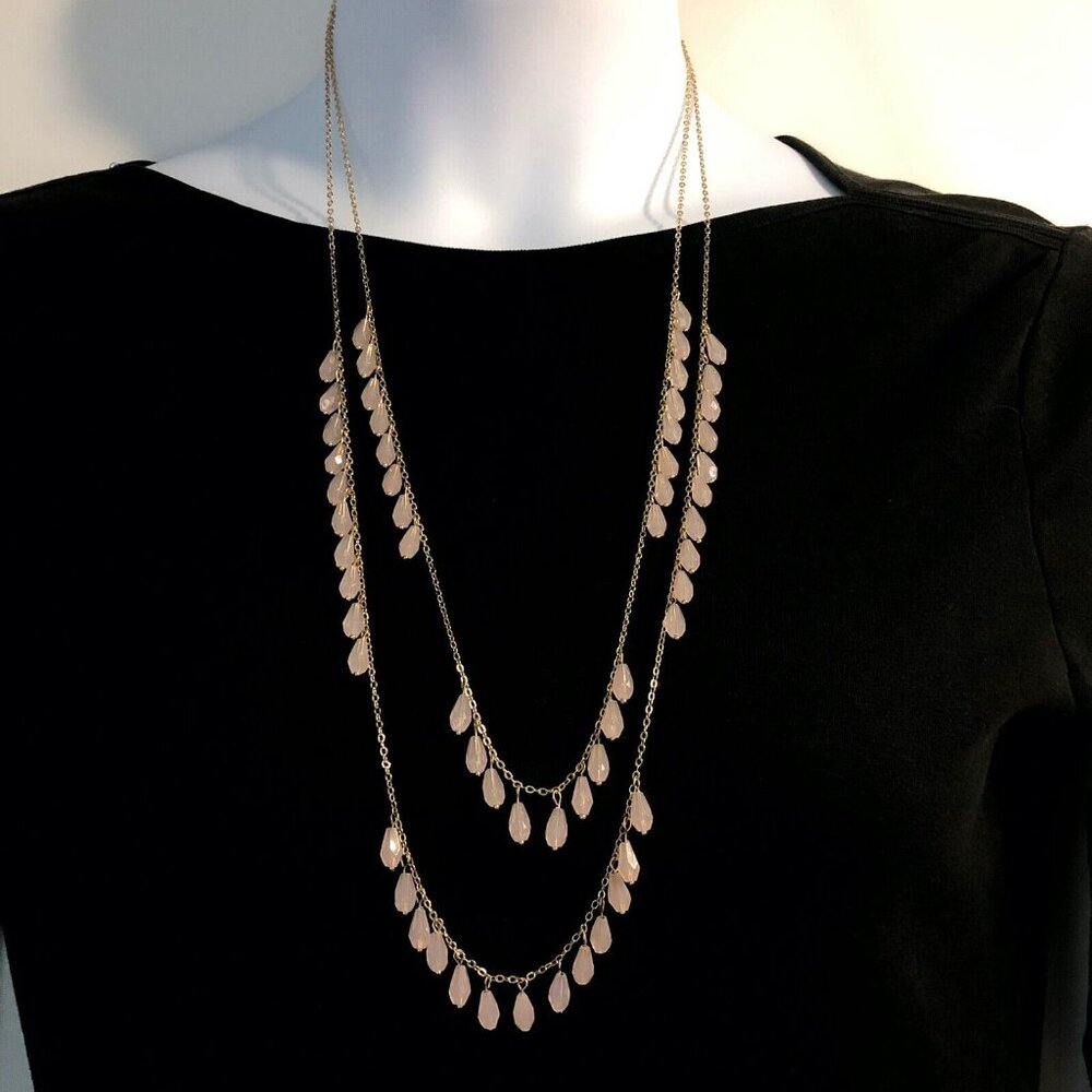 Avon Necklace Pink Long Faceted‎ Teardrop Beaded Dangle 2 Strands